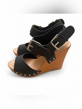 Black Wedge Sandals with Buckle Straps